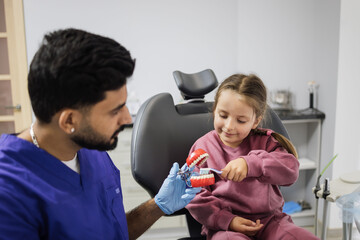 Happy confident male dentist tells little child girl how to brush the teeth on artificial jaw model. Caries prevention, pediatric dentistry, milk teeth hygiene concept.