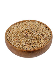Top view of Sorghum grains in round bowl on white background,Healthy food sorghum for diet