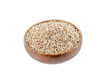 Top view of Sorghum grains in round bowl on white background,Healthy food sorghum for diet