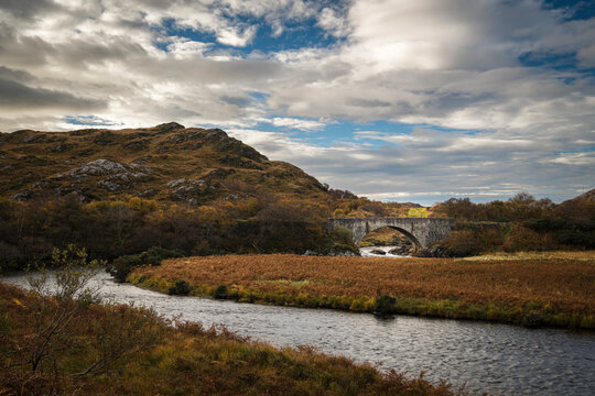 An autumnal HDR image of Laxford Bridge carrying the A838 north to Durness and south to Ullapool along the Norrth Coast 500.