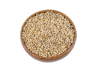 Top view of Sorghum grains in round bowl on white background,Healthy food sorghum for diet