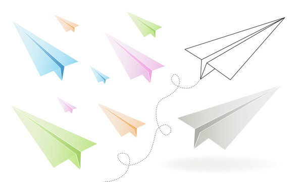 Vector colorful paper line origami airplanes on white background