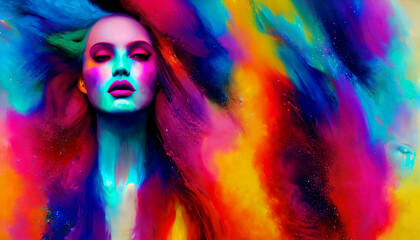 Young girl with abstract rainbow Colorful paint liquid explosion generative ai