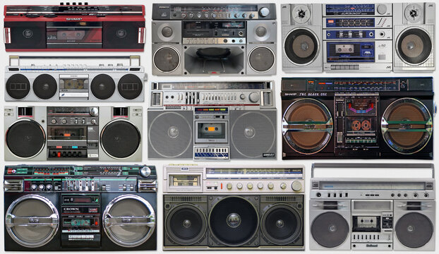 Vintage music background with 80s old stereo boombox