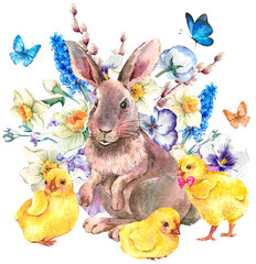vintage Happy Easter greeting card with bunny and chickens - 551602759