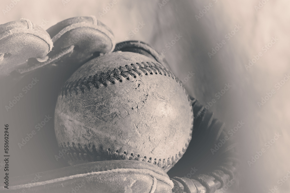 Sticker Old vintage style baseball in glove closeup for sports background. - Stickers