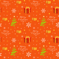 Christmas vector seamless pattern, Christmas gift, snowflakes, green Christmas tree and Marry Christmas frase on bright orange background. New year vector design. Wrapping paper for Christmas gift 