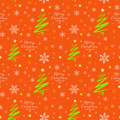 Christmas vector seamless pattern with green Christmas tree and snowflakes, stars and Marry Christmas frase on bright orange background. New year vector design. Wrapping paper for Christmas gift boxes