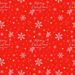 Christmas vector seamless pattern with Christmas tree and snowflakes, stars and Marry Christmas frase on bright red background. New year vector design. Cartoon style. Wrapping paper for Christmas gift