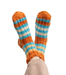 Woollen socks.  Legs in woollen socks on a white background.