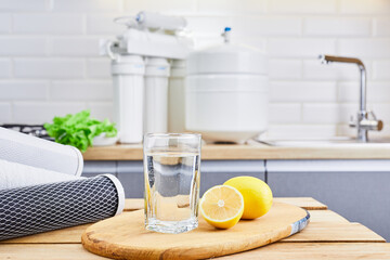 Glass of filtered clean water with reverse osmosis filter, lemons and cartridges on table in...