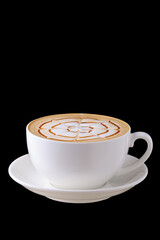 Cup of cappuccino on saucer on black background