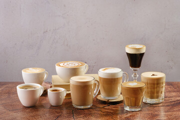 Coffee latte set with various topping and decor