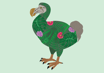 Dodo bird isolated on a white background, the body is decorated with a print of exotic raster and flowers. Vector illustration for flyer, postcard advertising. © ETereshchenko