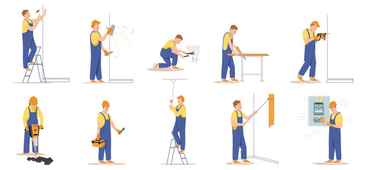 Fototapeta na wymiar Home craftsmen and repairmen. Professional construction workers with tools set. Male characters in uniform overalls and helmets in different Poses. Vector cartoon flat illustration