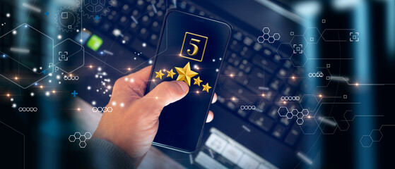 Businessman with smartphone rating 5 stars. Positive customer feedback with excellent performance.