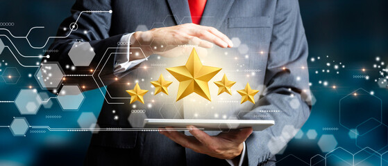 Businessman with five star rating. Positive customer feedback with excellent performance