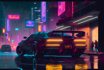 Sports cyberpunk futuristic car on a neon cyberpunk background in the style of the 80s. generative ai