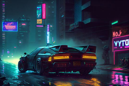 Sports Cyberpunk Futuristic Car On A Neon Cyberpunk Background In The Style Of The 80s. Generative Ai