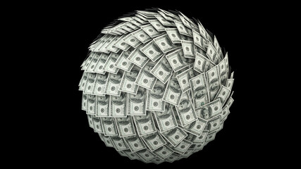 Financial snowball. Conceptual idea about having a big debt. Note of 100 dollars. American dollar. 3d rendering.