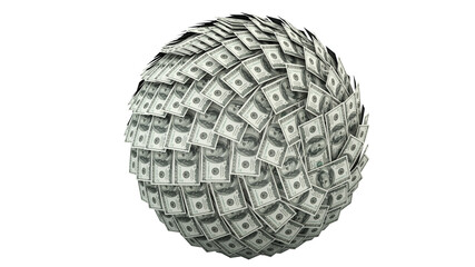 Financial snowball. Conceptual idea about having a big debt. Note of 100 dollars. American dollar. 3d rendering.