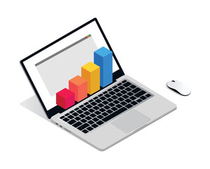 Labtop with diagram, monitor and mouse. Isometric vector. Mockup.  