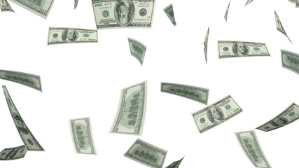 Several banknotes of money flying  on a white background. 100 dollars. American dollar. 3d rendering.