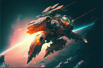 a giant robot flying in space. Planet background. Fantasy