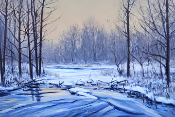Forest winter landscape with river