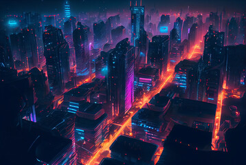 futuristic cyberpunk city at night, neon lights, digital illustration, Generative AI