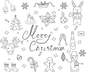 Hand drawn xmas illustrations.Set of christmas new year . Vector doodle illustration