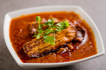 khoresh bademjan served in dish isolated on grey background top view of arabic food