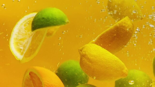Close-up of falling sliced limes, oranges and lemons into the water on orange background, making a cocktail of citrus fruits, drinking cold lemonade, shooting of carbonated water with sliced fruits. 
