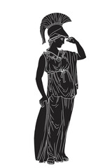 The ancient Greek goddess of wisdom Pallas Athena in a helmet and tunic stands and holds a shield in her hand.