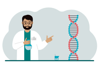Male doctor with flasks near the dna chain. The concept of a new coronavirus, virus, pcr or disease treatment.