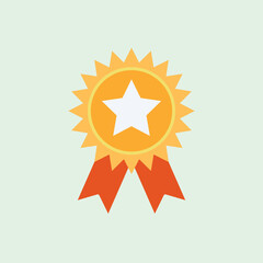 Vector illustration of golden award icon with red ribbons.