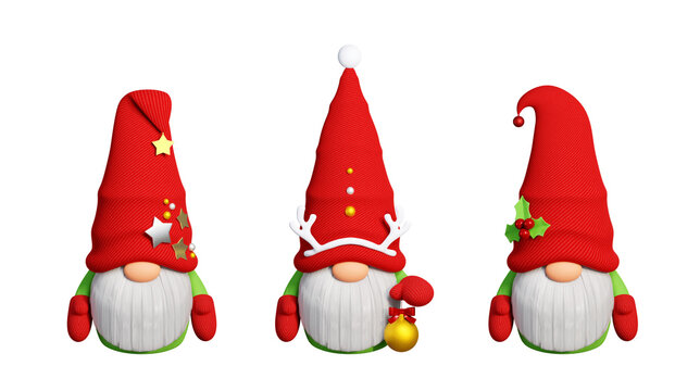 Christmas Scandinavian gnome with long white beard and decorated red hat 3D render illustration set. Three nordic winter characters tomte for Xmas greeting card. 3 funny traditional nisse.