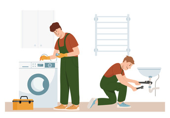 Home craftsmen and repairmen. Renovation workers professional plumber and engineer at work, they are checking the washing machine and home plumbing. Vector cartoon flat concept