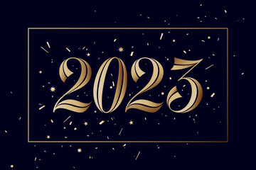 Obraz na płótnie Canvas 2023, Happy New Year. Greeting card with 2023 for golden Happy New Year holiday. Golden glossy bright style for Happy New Year or Merry Christmas. Holiday gold background, banner. Vector Illustration