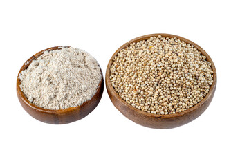 Top view of Sorghum grains and sorghum flour in bowls on white background,Healthy food sorghum for diet