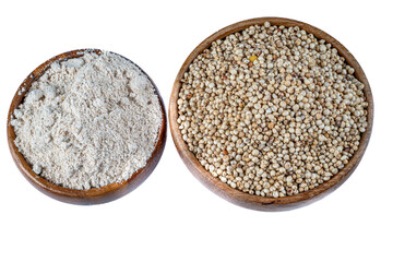 Top view of Sorghum grains and sorghum flour in bowls on white background,Healthy food sorghum for diet