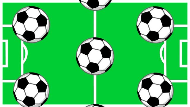 Animation of soccer balls falling with a soccer field in the background, cartoon art.