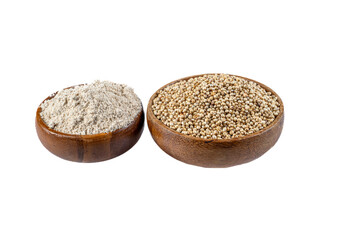 Top view of Sorghum grains and sorghum flour in bowls on white background,Healthy food sorghum for diet