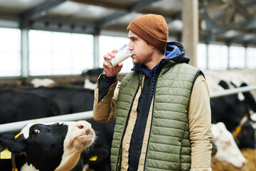 Young male farmer in waistcoat and beanie cap drinking fresh milk in front of camera while standing...