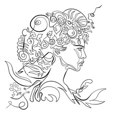 Water nymph woman head with flowers, corals and seaweed, One Line Drawing. Continuous Line vector portrait of mermaid