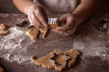 Cooking Christmas gingerbread at home. Hands in flour close-up