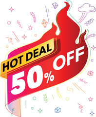 Hot deal 50% off banner in flaming hot background with colorful doodle design. Vector illustration.