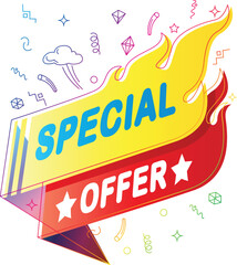 Special offer sale banner in flaming hot background with colorful doodle design in white background. Vector illustration.