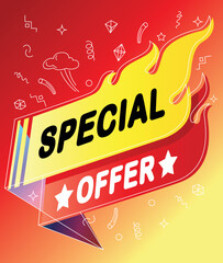 Special offer sale banner in flaming hot background with doodle design in colorful background. Vector illustration.