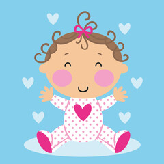 Illustration of a sweet little girl wearing a romper and hearts around it